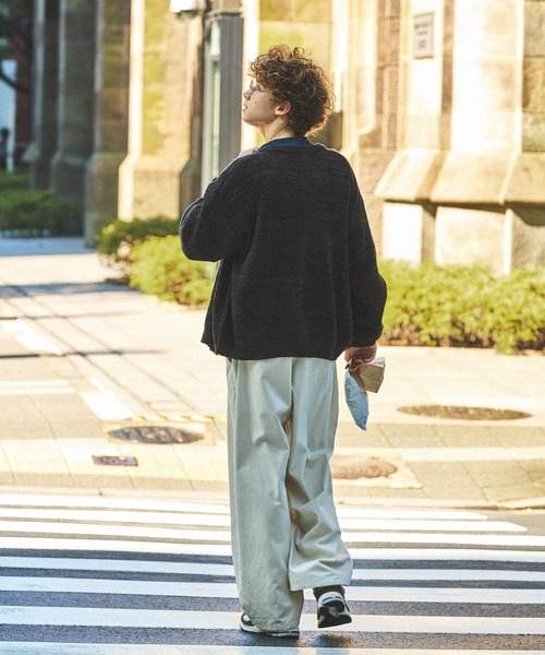 モヘアライクWジャガード編みクルーネック ドロップショルダールーズ