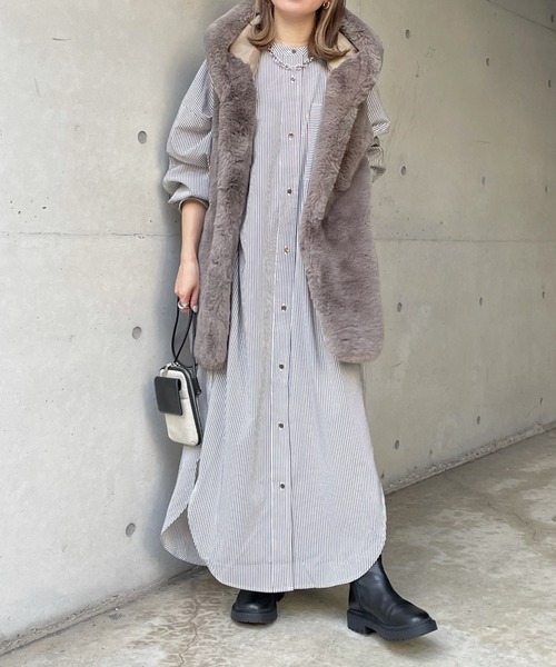 DouDou（ドゥドゥ）の「配色ストライプギャザーシャツワンピース（ワンピース・レディース・ネイビー/オフホワイト・FREE）」の2枚目の写真