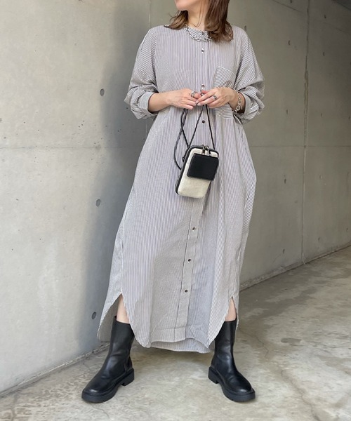 DouDou（ドゥドゥ）の「配色ストライプギャザーシャツワンピース（ワンピース・レディース・ネイビー/オフホワイト・FREE）」の11枚目の写真