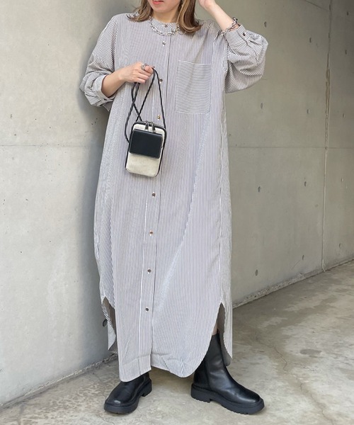 DouDou（ドゥドゥ）の「配色ストライプギャザーシャツワンピース（ワンピース・レディース・ネイビー/オフホワイト・FREE）」の14枚目の写真