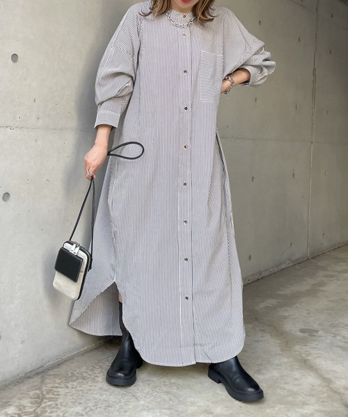 DouDou（ドゥドゥ）の「配色ストライプギャザーシャツワンピース（ワンピース・レディース・ネイビー/オフホワイト・FREE）」の8枚目の写真