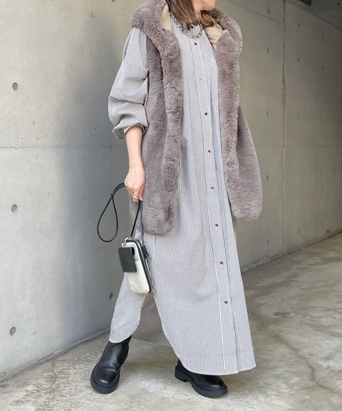 DouDou（ドゥドゥ）の「配色ストライプギャザーシャツワンピース（ワンピース・レディース・ネイビー/オフホワイト・FREE）」の6枚目の写真