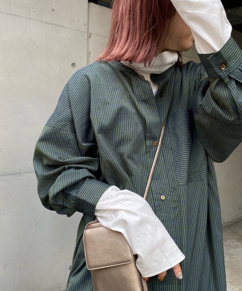 DouDou（ドゥドゥ）の「配色ストライプギャザーシャツワンピース（ワンピース・レディース・ネイビー/オフホワイト・FREE）」の16枚目の写真