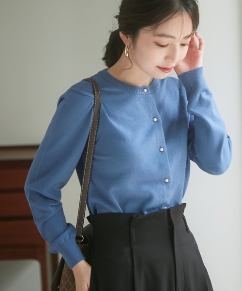 洗濯機可 Eco Thermo Walker R シンプルパール釦クルーネックカーディガン