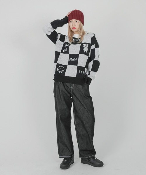 FOLLOWIN(フォロウィン)の「【UNISEX】チェッカーボードウールニット(ニット/セーター・レディース・ブラック・FREE)」の9枚目の写真