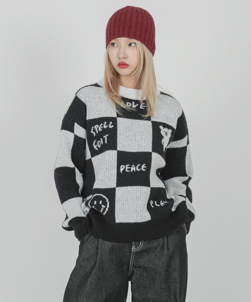FOLLOWIN(フォロウィン)の「【UNISEX】チェッカーボードウールニット(ニット/セーター・レディース・ブラック・FREE)」の2枚目の写真