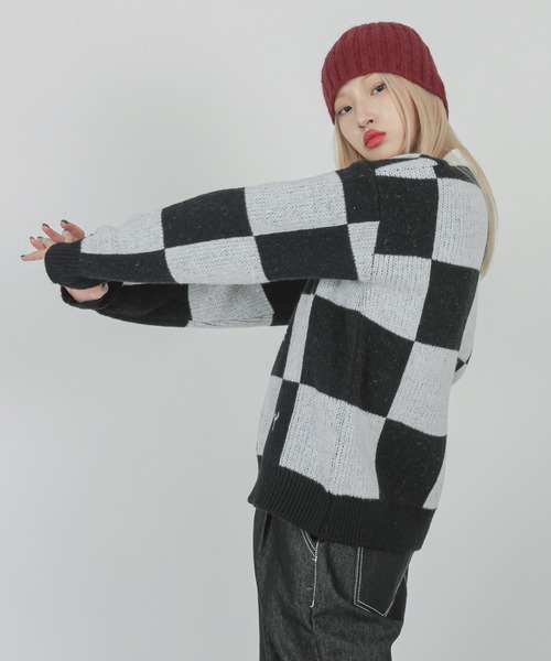 FOLLOWIN(フォロウィン)の「【UNISEX】チェッカーボードウールニット(ニット/セーター・レディース・ブラック・FREE)」の14枚目の写真