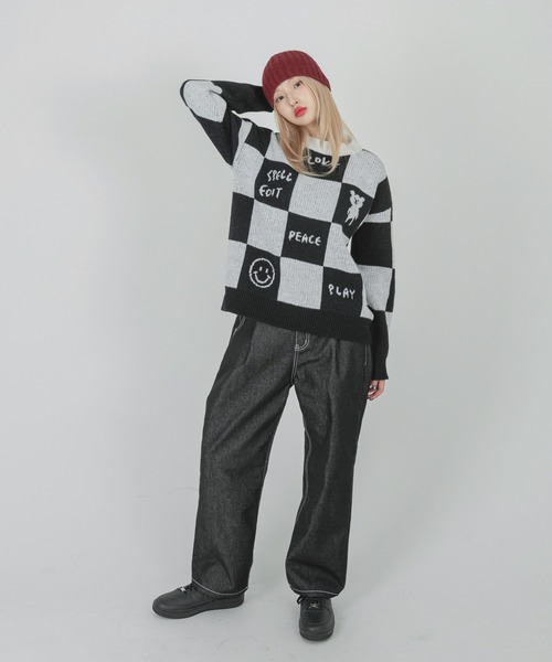 FOLLOWIN(フォロウィン)の「【UNISEX】チェッカーボードウールニット(ニット/セーター・レディース・ブラック・FREE)」の7枚目の写真