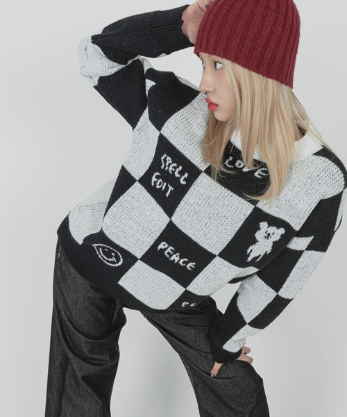 FOLLOWIN(フォロウィン)の「【UNISEX】チェッカーボードウールニット(ニット/セーター・レディース・ブラック・FREE)」の12枚目の写真