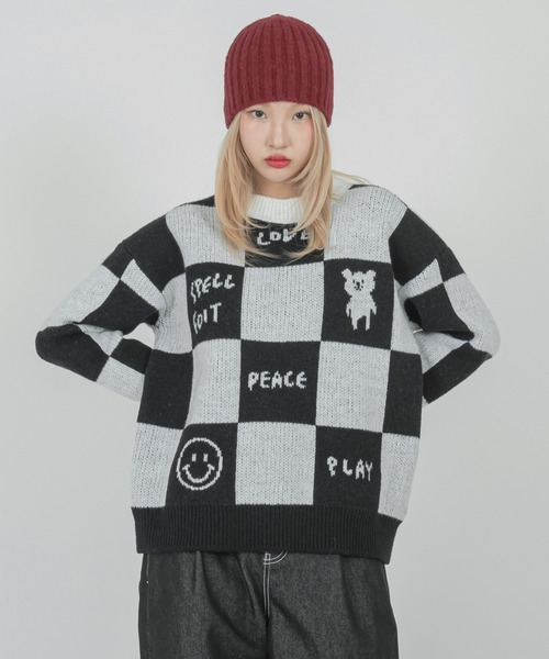 FOLLOWIN(フォロウィン)の「【UNISEX】チェッカーボードウールニット(ニット/セーター・レディース・ブラック・FREE)」の19枚目の写真