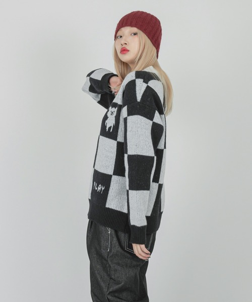 FOLLOWIN(フォロウィン)の「【UNISEX】チェッカーボードウールニット(ニット/セーター・レディース・ブラック・FREE)」の10枚目の写真