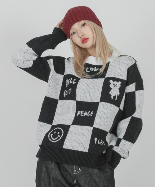 FOLLOWIN(フォロウィン)の「【UNISEX】チェッカーボードウールニット(ニット/セーター・レディース・ブラック・FREE)」の6枚目の写真