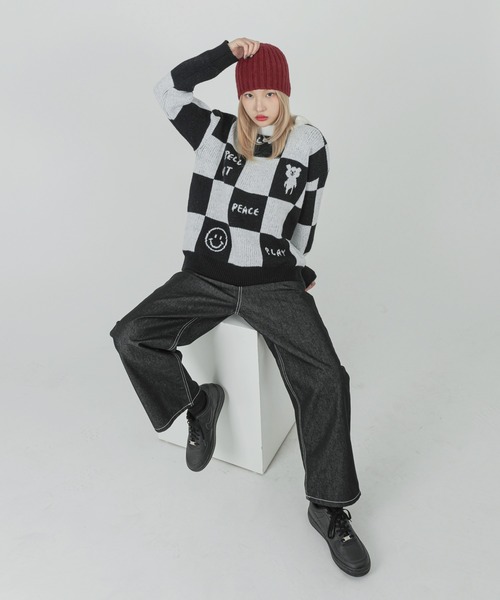 FOLLOWIN(フォロウィン)の「【UNISEX】チェッカーボードウールニット(ニット/セーター・レディース・ブラック・FREE)」の13枚目の写真