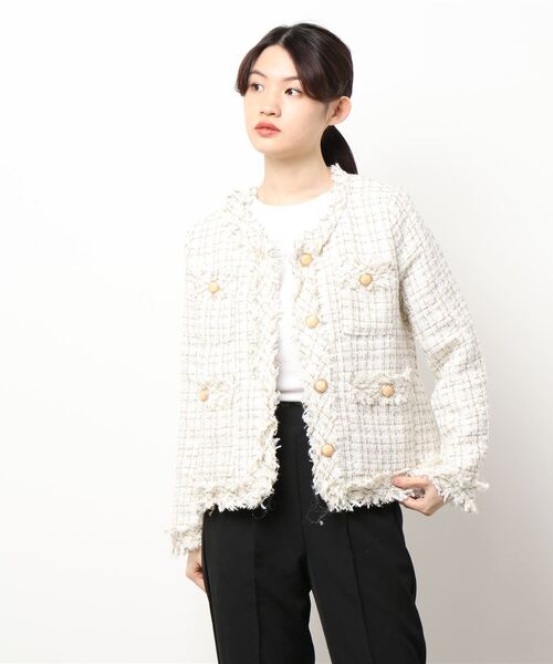 Jasmine Grandiflorum（ジャスミングランディフローラム）の「【Jasmine】ゴージャス☆フリンジツイードジャケット（ノーカラージャケット・レディース・ホワイト/ブラック/ブラウン・FREE）」の12枚目の写真