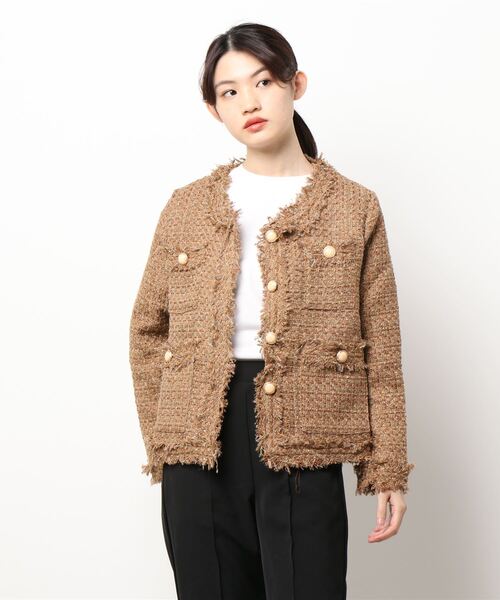 Jasmine Grandiflorum（ジャスミングランディフローラム）の「【Jasmine】ゴージャス☆フリンジツイードジャケット（ノーカラージャケット・レディース・ホワイト/ブラック/ブラウン・FREE）」の14枚目の写真