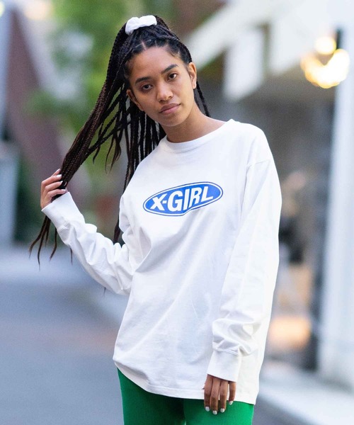 X-girl（エックスガール）の「BASIC OVAL LOGO L/S TEE（Tシャツ/カットソー・レディース・ライトブルー/ブラック/ホワイト・L/M/XL/S）」の2枚目の写真