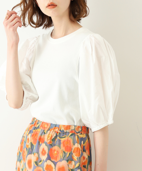 SLOBE IENA（スローブイエナ）の「ドッキングスリーブテレコプルオーバー◆（Tシャツ/カットソー・レディース・ホワイト/オレンジ/グレー・FREE）」の2枚目の写真