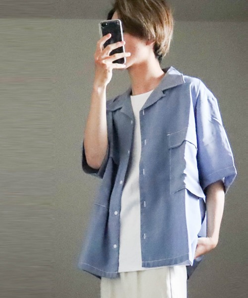 Anytime Songs（エニータイムソングス）の「ポリ無地 ビッグステッチングシャツ（シャツ/ブラウス・メンズ・ホワイト/ブラック/サックスブルー/グリーン/モカ/グレイッシュベージュ・MEDIUM/LARGE）」の6枚目の写真