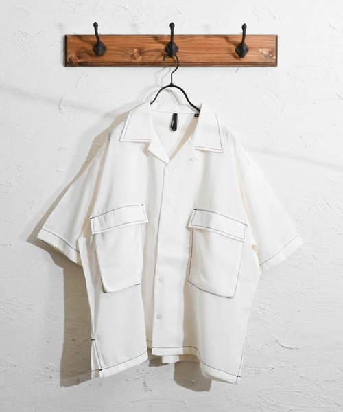 Anytime Songs（エニータイムソングス）の「ポリ無地 ビッグステッチングシャツ（シャツ/ブラウス・メンズ・ホワイト/ブラック/サックスブルー/グリーン/モカ/グレイッシュベージュ・MEDIUM/LARGE）」の13枚目の写真