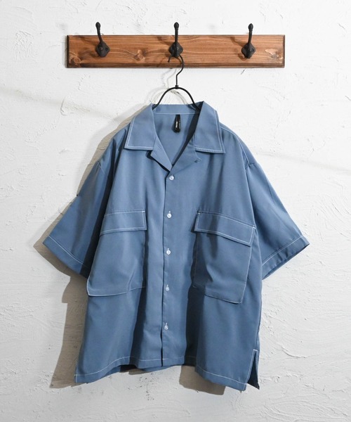 Anytime Songs（エニータイムソングス）の「ポリ無地 ビッグステッチングシャツ（シャツ/ブラウス・メンズ・ホワイト/ブラック/サックスブルー/グリーン/モカ/グレイッシュベージュ・MEDIUM/LARGE）」の14枚目の写真