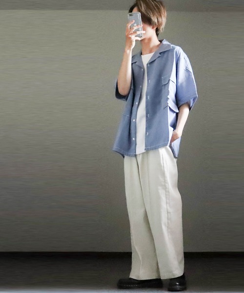 Anytime Songs（エニータイムソングス）の「ポリ無地 ビッグステッチングシャツ（シャツ/ブラウス・メンズ・ホワイト/ブラック/サックスブルー/グリーン/モカ/グレイッシュベージュ・MEDIUM/LARGE）」の18枚目の写真