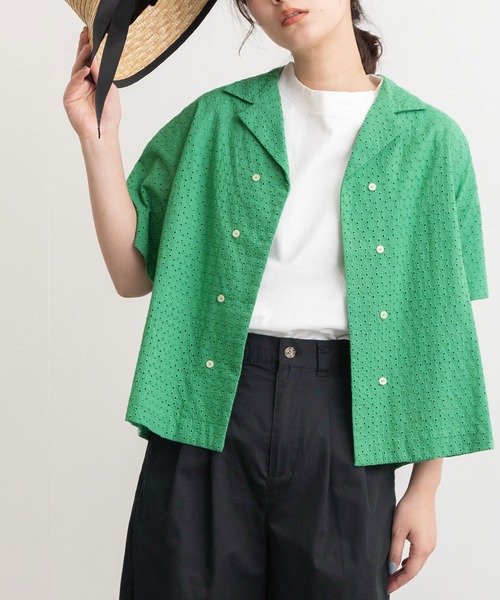 POU DOU DOU(プードゥドゥ)の「エンブロイダリー開襟シャツ(シャツ/ブラウス・レディース・ブラック/オフホワイト/グリーン・3)」の3枚目の写真