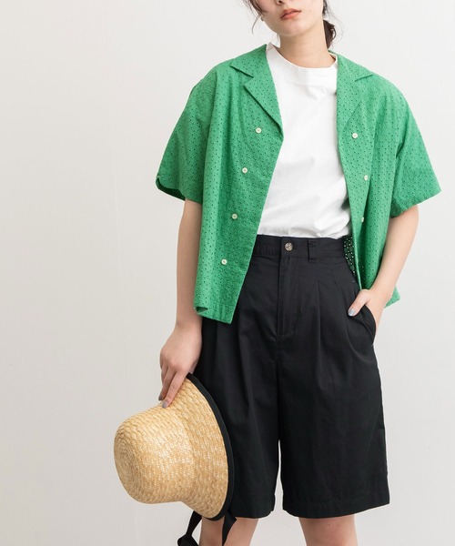 POU DOU DOU(プードゥドゥ)の「エンブロイダリー開襟シャツ(シャツ/ブラウス・レディース・ブラック/オフホワイト/グリーン・3)」の7枚目の写真