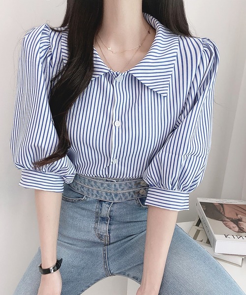 Girly Doll(ガーリードール)の「ショルダーギャザーストライプブラウス(シャツ/ブラウス・レディース・ブラック/ブルー/ネイビー/ライトブルー・FREE)」の9枚目の写真
