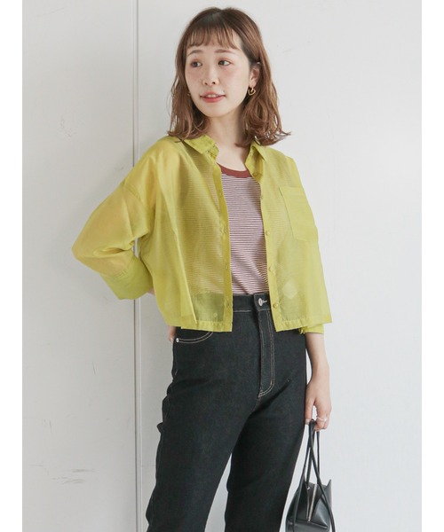 ehka sopo（エヘカソポ）の「ショート丈シアーシャツ（シャツ/ブラウス・レディース・グレー/オフホワイト/ピンク/グリーン・ﾌﾘ-）」の4枚目の写真