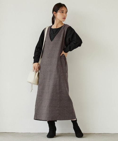 NICOLE white(ニコルホワイト)の「サイドベルトチェックワンピース(ジャンパースカート・レディース・ブラウン/チャコール・FREE)」の2枚目の写真