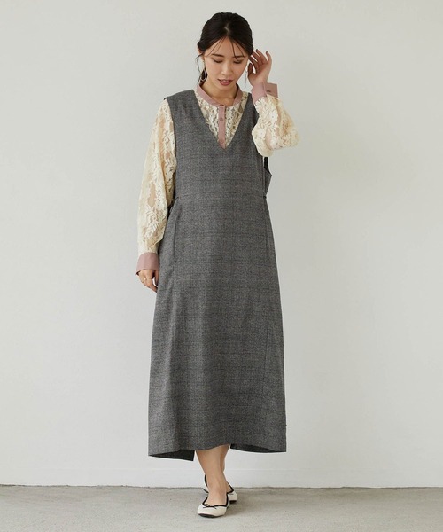 NICOLE white(ニコルホワイト)の「サイドベルトチェックワンピース(ジャンパースカート・レディース・ブラウン/チャコール・FREE)」の1枚目の写真