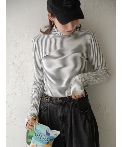 JUMELLE(ジュメロ)の「【極暖】ボーダーフィンガータートル | 真冬 防寒(Tシャツ/カットソー・レディース・アイボリー/ブラック/ホワイト/グレー・MEDIUM)」の22枚目の写真