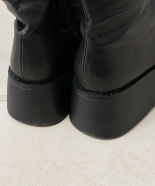 Chico黒スエード厚底チャンキーストレッチロングブーツフーズフーチコS Chico】厚底チャンキーストレッチロングブーツ[品番