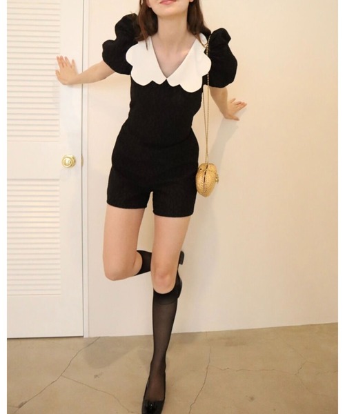 epine（エピヌ）の「scallop collar jaguard double ribbon rompers black（つなぎ/オールインワン・レディース・ブラック・FREE）」の15枚目の写真
