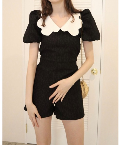 epine（エピヌ）の「scallop collar jaguard double ribbon rompers black（つなぎ/オールインワン・レディース・ブラック・FREE）」の6枚目の写真