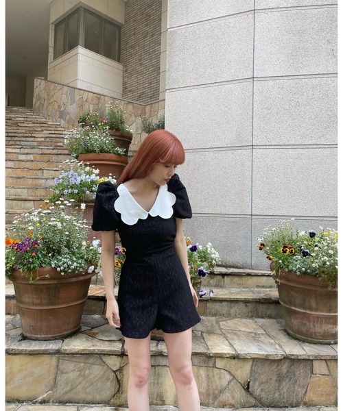 epine（エピヌ）の「scallop collar jaguard double ribbon rompers black（つなぎ/オールインワン・レディース・ブラック・FREE）」の5枚目の写真