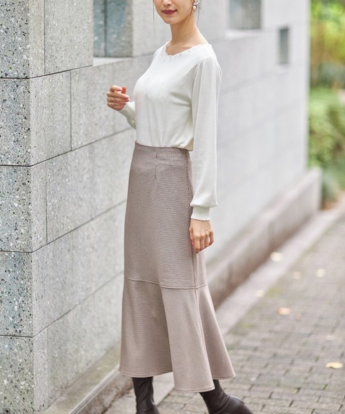 tocco closet(トッコ クローゼット)の「千鳥チェック柄マーメイドフレアスカート(スカート・レディース・ブラウン/ピンク・M)」の5枚目の写真