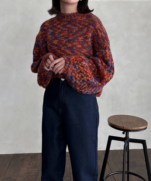 hellam(へラム)の「ボリュームスリーブ ミックスニット(ニット/セーター・レディース・オレンジ/グリーン・FREE)」の4枚目の写真