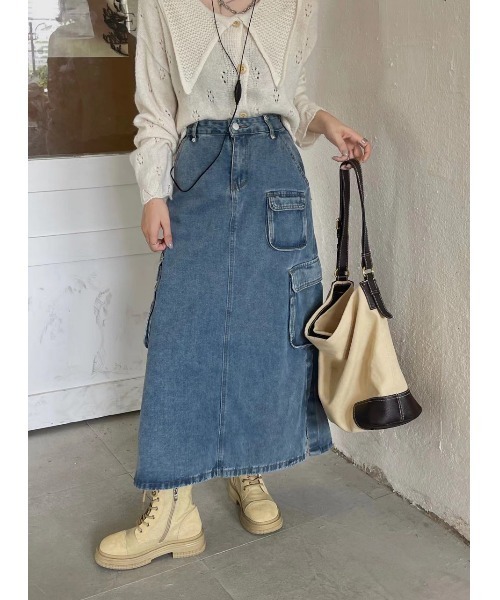SpRay(スプレイ)の「デニムカーゴロングスカート(デニムスカート・レディース・ブルー・SMALL/MEDIUM)」の4枚目の写真