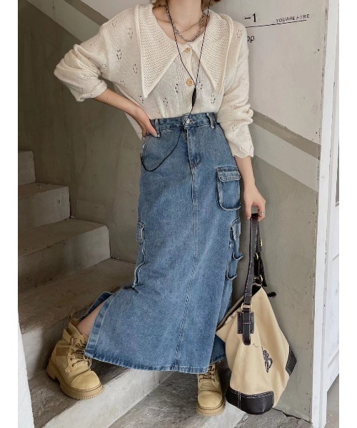 SpRay(スプレイ)の「デニムカーゴロングスカート(デニムスカート・レディース・ブルー・SMALL/MEDIUM)」の5枚目の写真