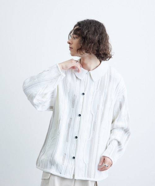 JUNRED(ジュンレッド)の「3Dニットポロカーディガン(カーディガン/ボレロ・メンズ・ホワイト/グリーン/ブラック・S/M/L)」の5枚目の写真