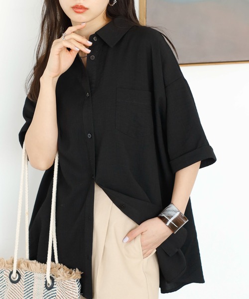 GeeRA(ジーラ)の「リネンタッチ5分袖ルーズシャツ(シャツ/ブラウス・レディース・オフホワイト/ブラック/ベージュ・MEDIUM/LARGE)」の1枚目の写真