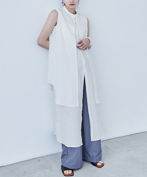 Fashion Letter(ファッションレター)の「シャドーストライプ レイヤード風ロングワンピース(ワンピース・レディース・ホワイト/ブルー/ライトベージュ/ブラック・M)」の2枚目の写真