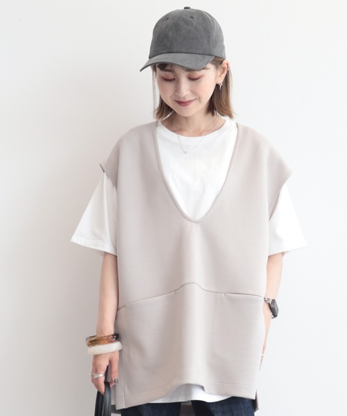 AMERICAN HOLIC（アメリカンホリック）の「SET　ポンチベスト+5分袖カットプルオーバー（Tシャツ/カットソー・レディース・チャコールグレー/ブラック/グレイッシュベージュ・M/L）」の7枚目の写真