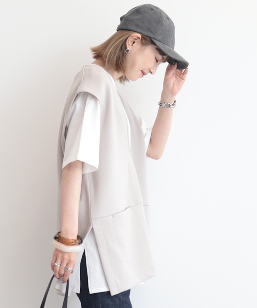 AMERICAN HOLIC（アメリカンホリック）の「SET　ポンチベスト+5分袖カットプルオーバー（Tシャツ/カットソー・レディース・チャコールグレー/ブラック/グレイッシュベージュ・M/L）」の8枚目の写真