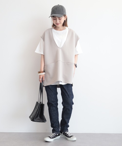 AMERICAN HOLIC（アメリカンホリック）の「SET　ポンチベスト+5分袖カットプルオーバー（Tシャツ/カットソー・レディース・チャコールグレー/ブラック/グレイッシュベージュ・M/L）」の6枚目の写真