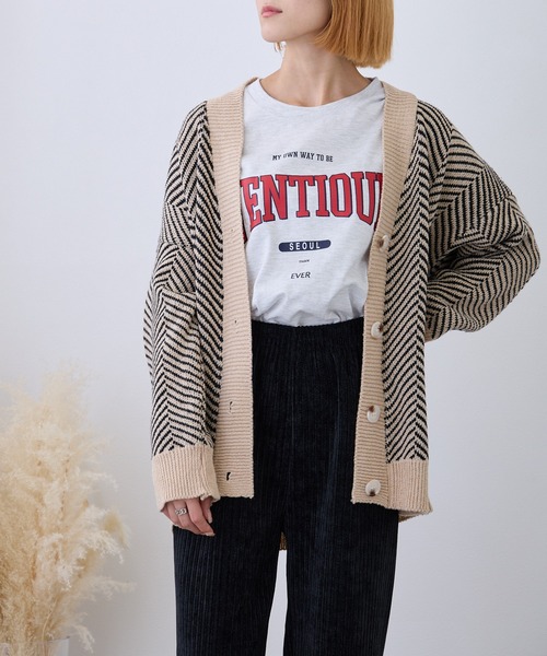 Loco Ocean(ロコオーシャン)の「オーバーシルエット細ボーダーカーディガン(カーディガン/ボレロ・レディース・キャメル/ベージュ・FREE)」の15枚目の写真