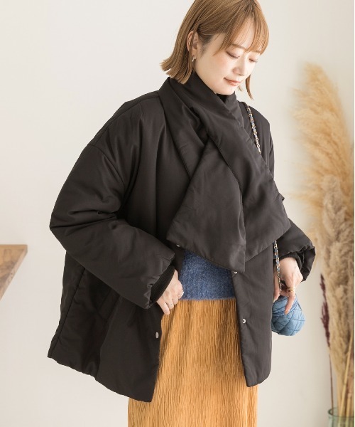 セール】共地マフラー付き ノーカラー中綿ジャケット（ダウン