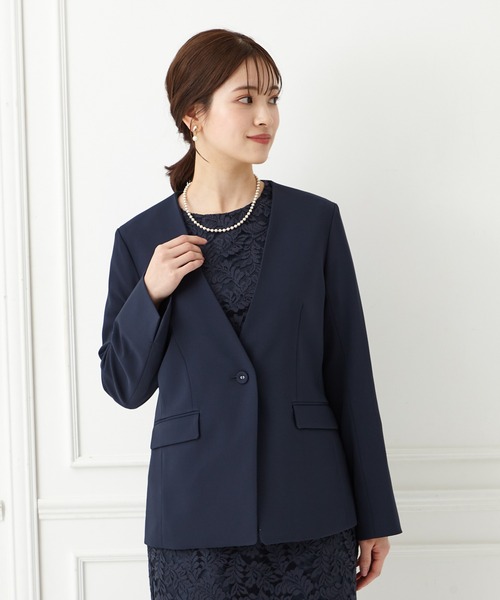 nemu　　サテン　ノーカラージャケット　ネイビー　36 nemu様専用 サテン ノーカラージャケット ネイビー 36 - メルカリ