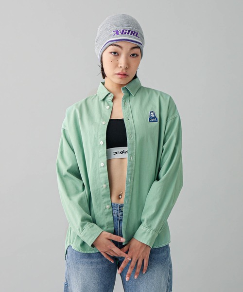 X-girl(エックスガール)の「FACE L/S SHIRT(シャツ/ブラウス・レディース・ブラック/ライトグレー/ライトグリーン・M/S)」の3枚目の写真